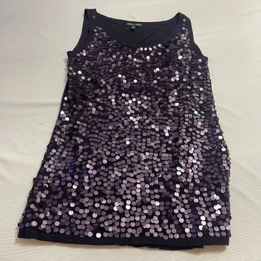 Eileen Fisher Merino Wool Purple Sequin Tank Top Shell Scoop Neck Size XS
